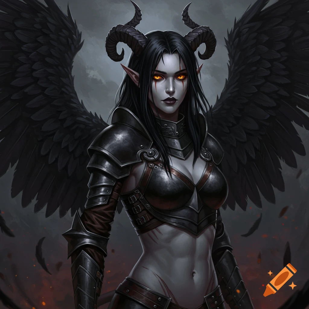 A winged Tiefling woman in black armor with horns and orange eyes.