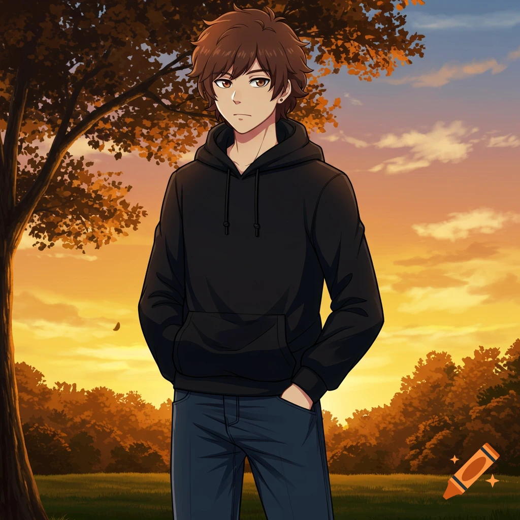 Anime style young man in black hoodie and jeans standing in a park at sunset.