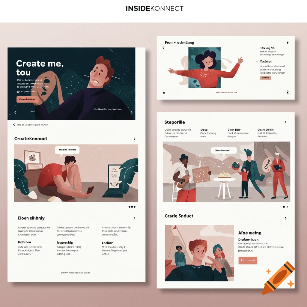 Illustrated marketing deck with various panels depicting people and UI elements.