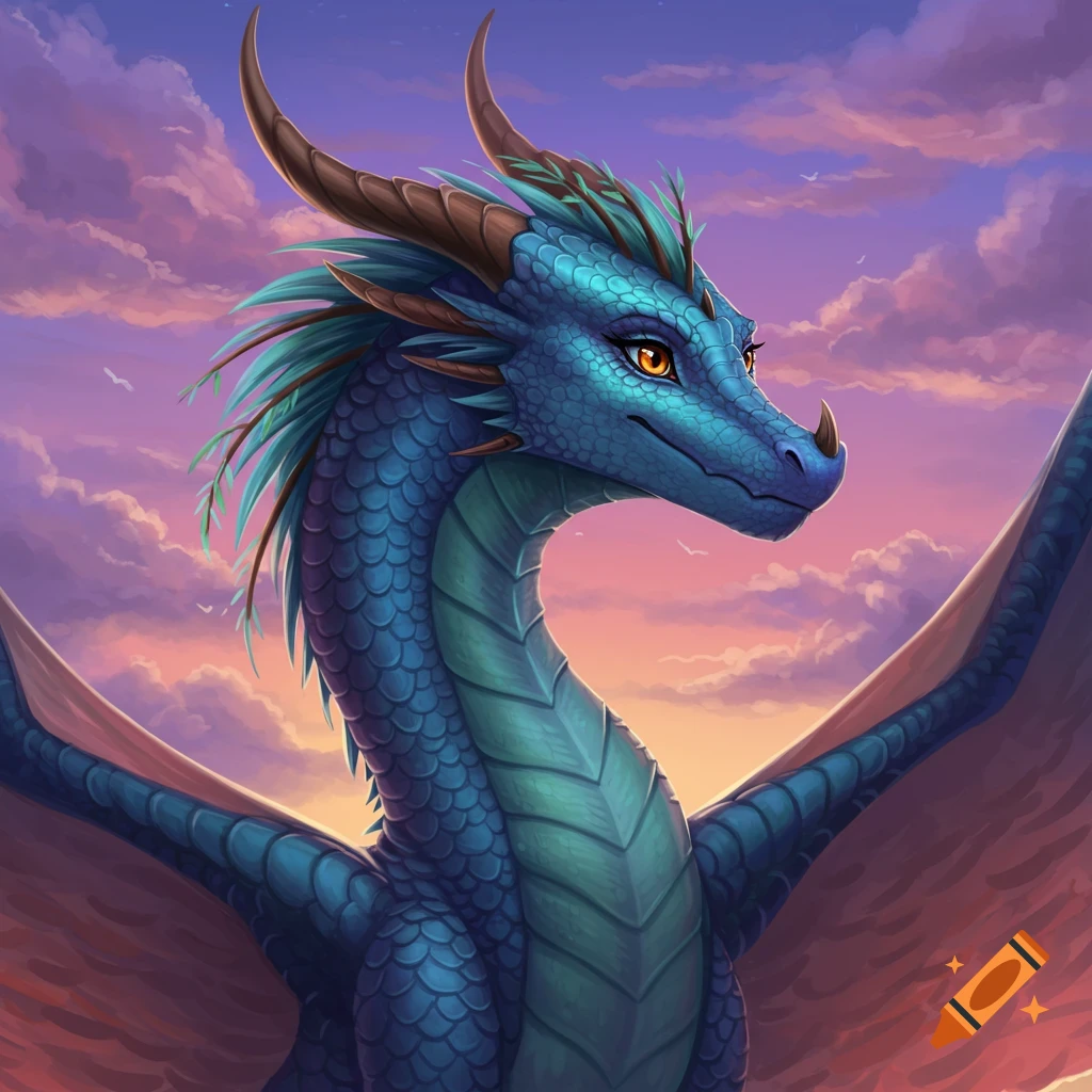A blue dragon soars against a sunset sky