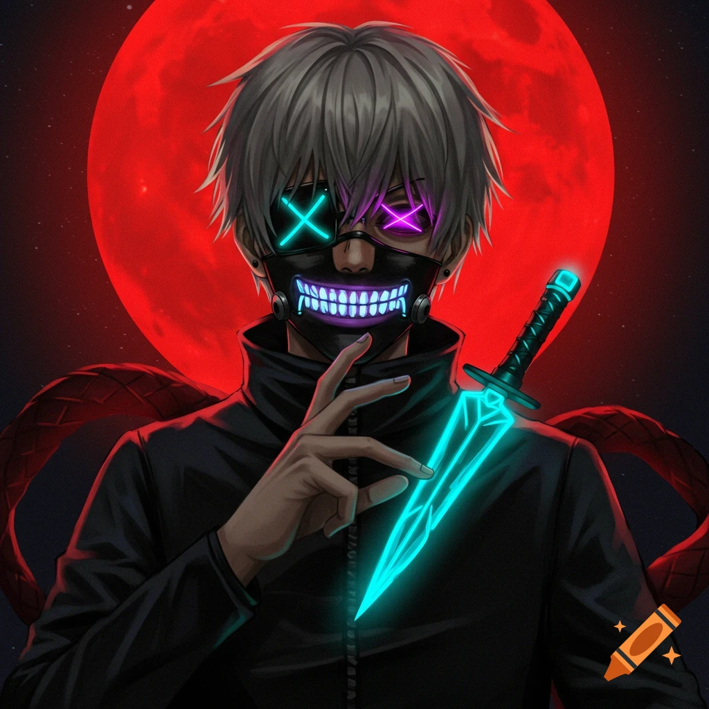 Anime character in mask holding glowing blue dagger in front of red moon.