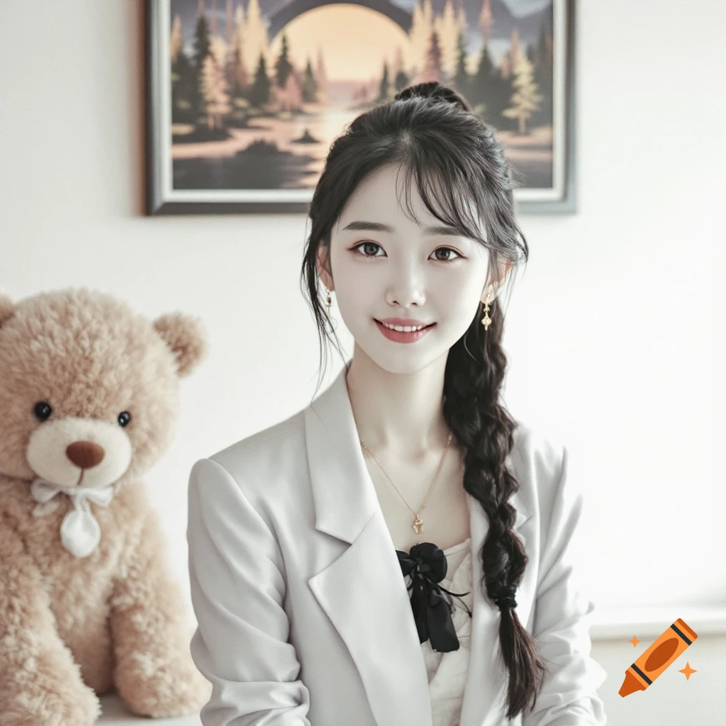 A young woman with a braid sits next to a teddy bear.