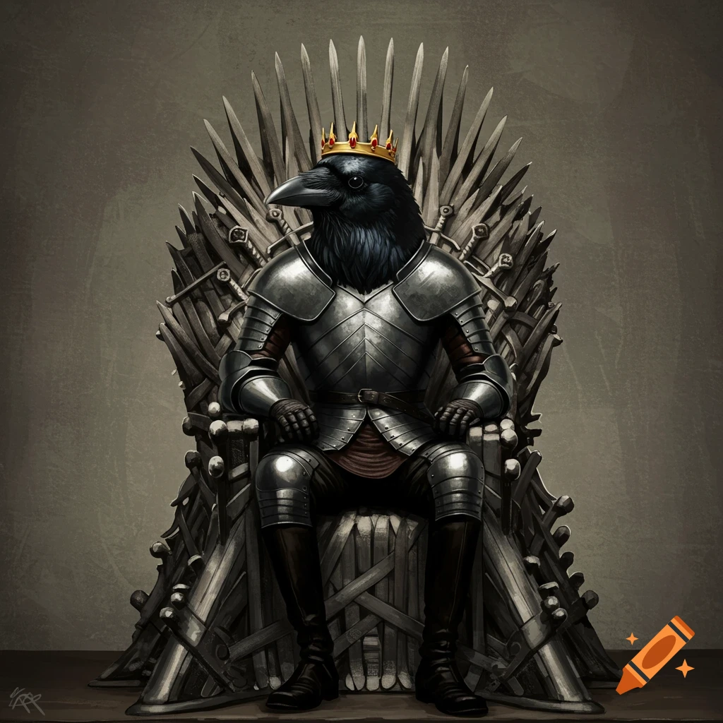 A crow in silver armor and a crown sits on a throne of swords.