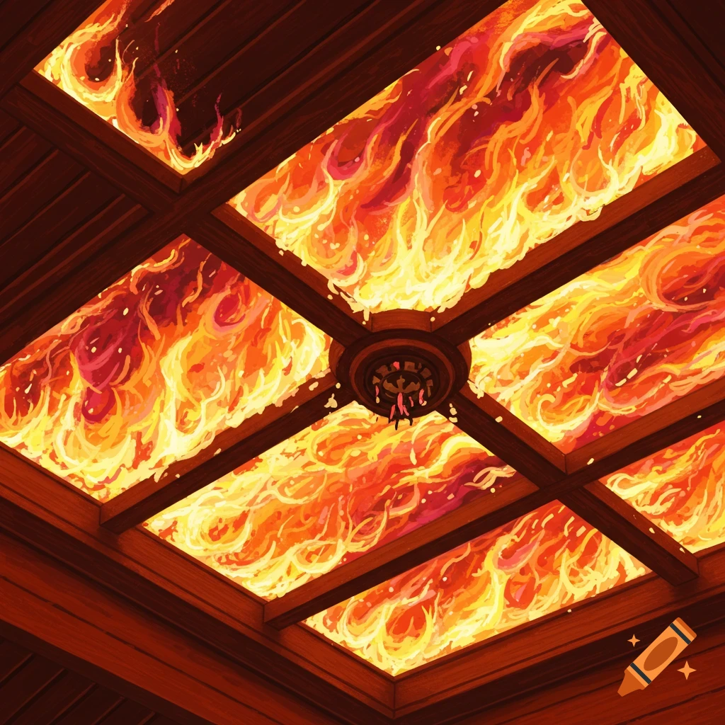 A wooden ceiling with rectangular panels filled with bright orange and yellow fire.