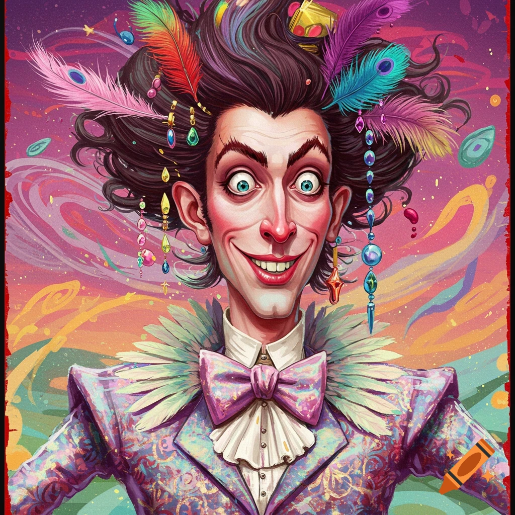 Colorful portrait of a flamboyant character with wild hair, feathers, jewelry, and a patterned suit.