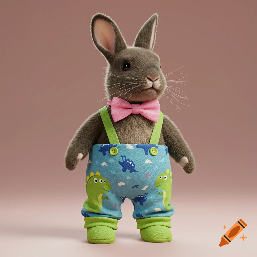 A cute rabbit wearing a pink bow tie and blue overalls with cartoon dinosaurs.