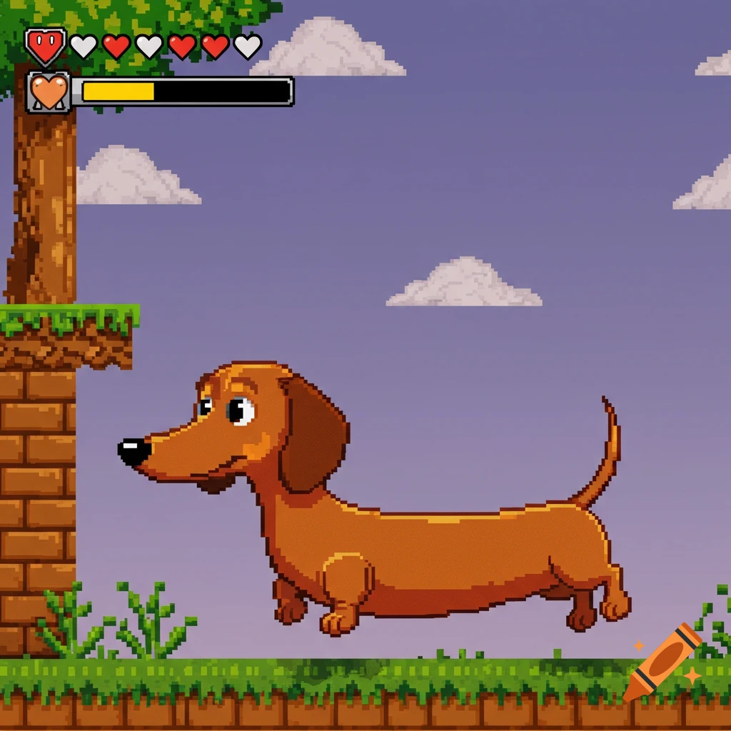 Pixel art image of a dachshund in a video game setting with health/life UI.