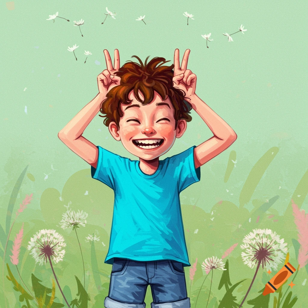 A joyful boy makes bunny ears with his hands in a field of dandelions.