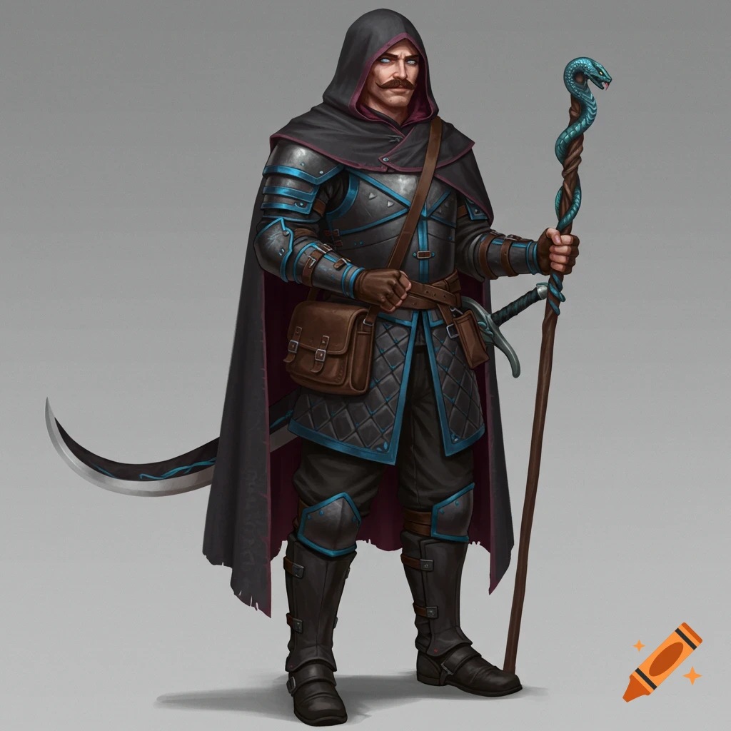 A fantasy huntsman in dark armor and hooded cloak, holding a snake-headed staff.