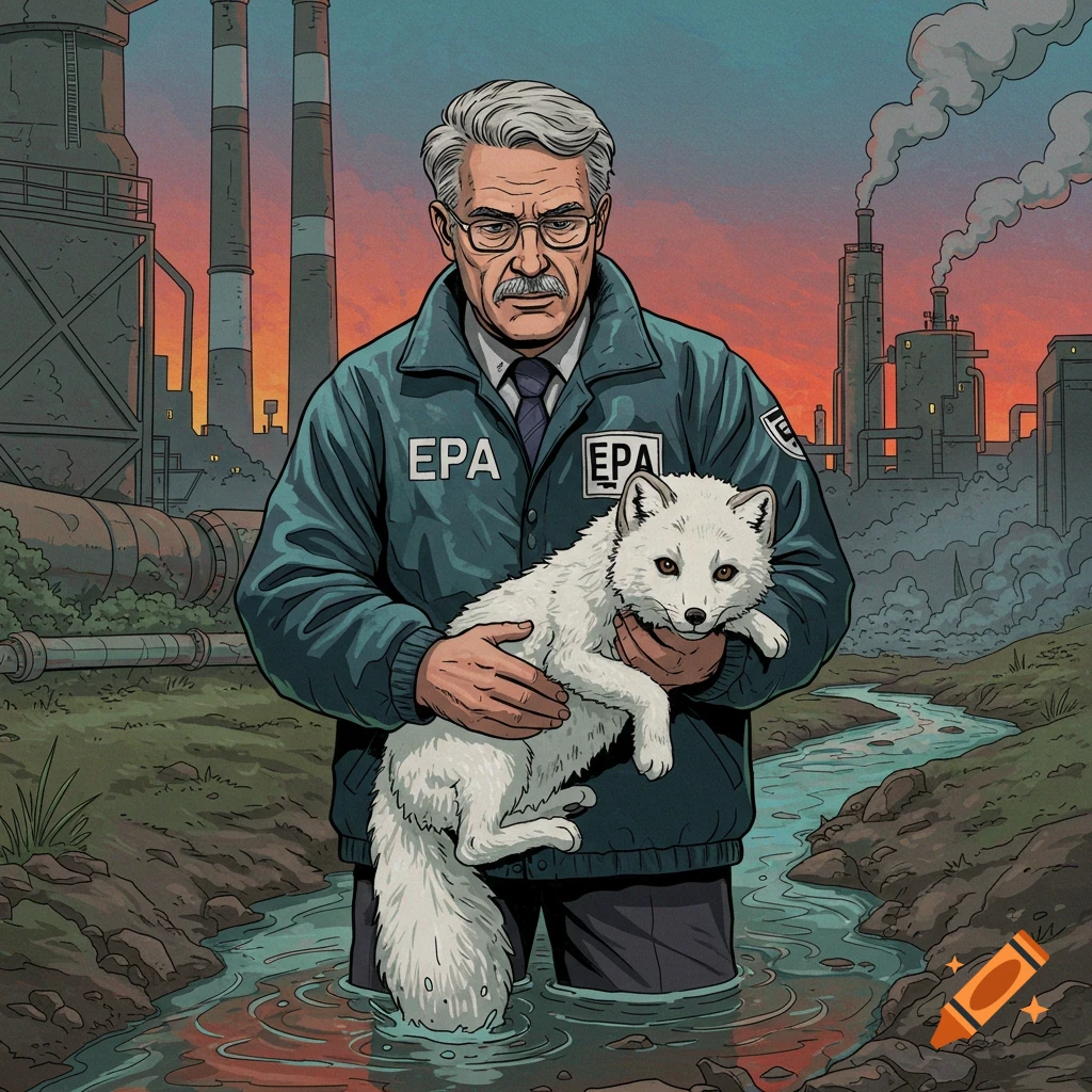 A man in an EPA jacket holds a fox while standing in a polluted river near factories.