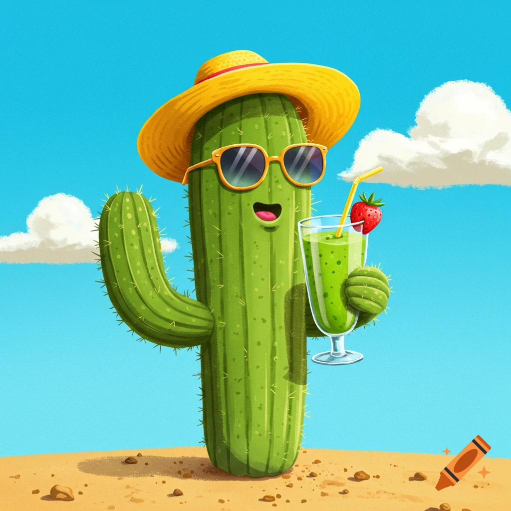 A cartoon cactus wearing a straw hat and sunglasses holds up a green smoothie on a sandy beach.