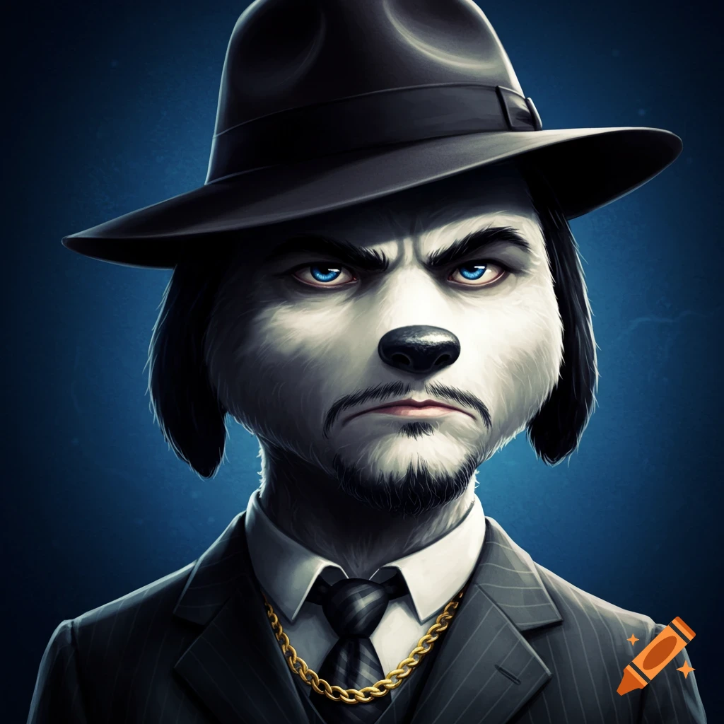 A stern dog character in a fedora, suit, tie, and gold chain.