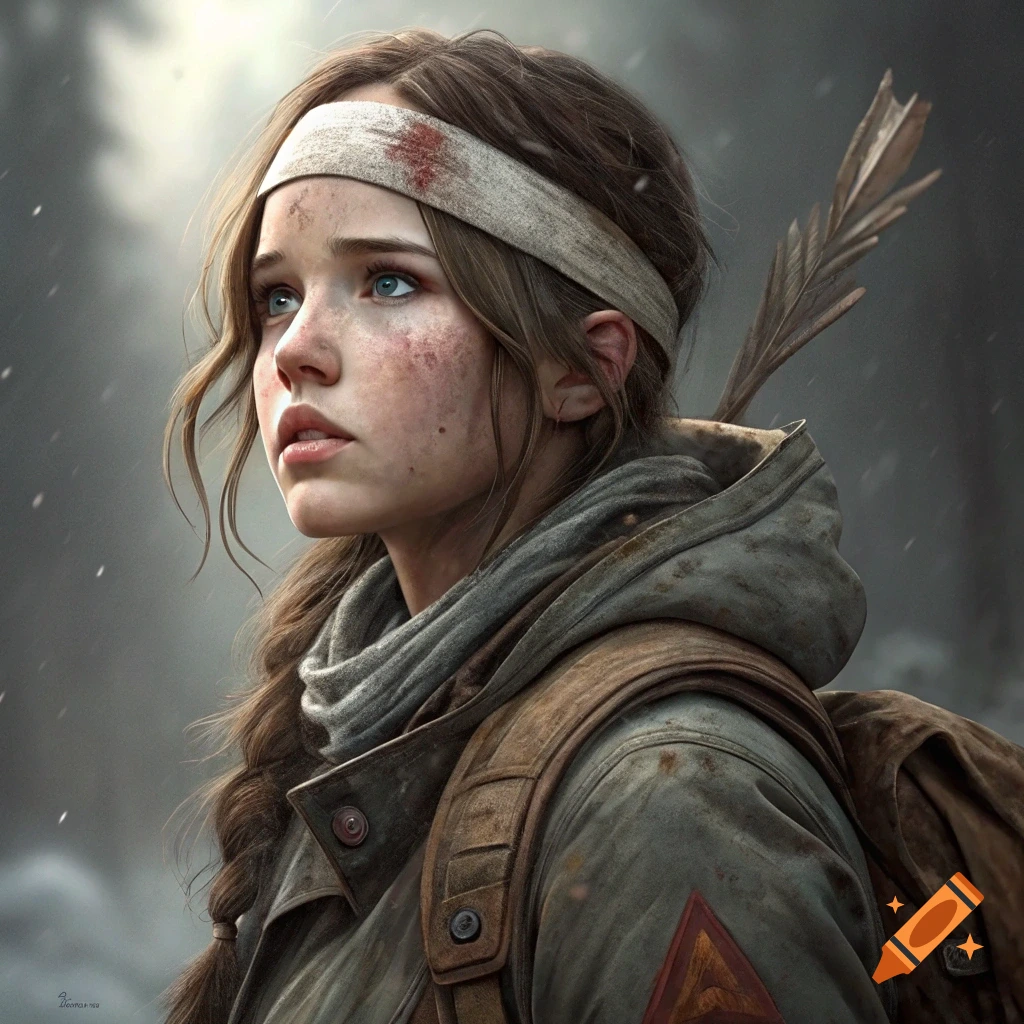 A young woman with a braid, dirty face, and bloodied headband looks up into falling snow, wearing a backpack and hooded jacket.