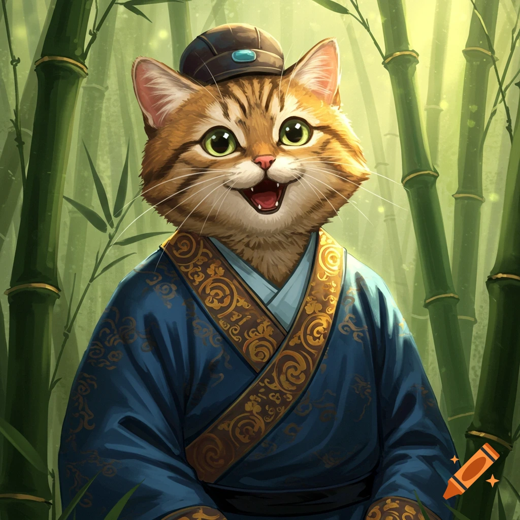 A happy tabby cat dressed as a Chinese scholar in a bamboo forest.