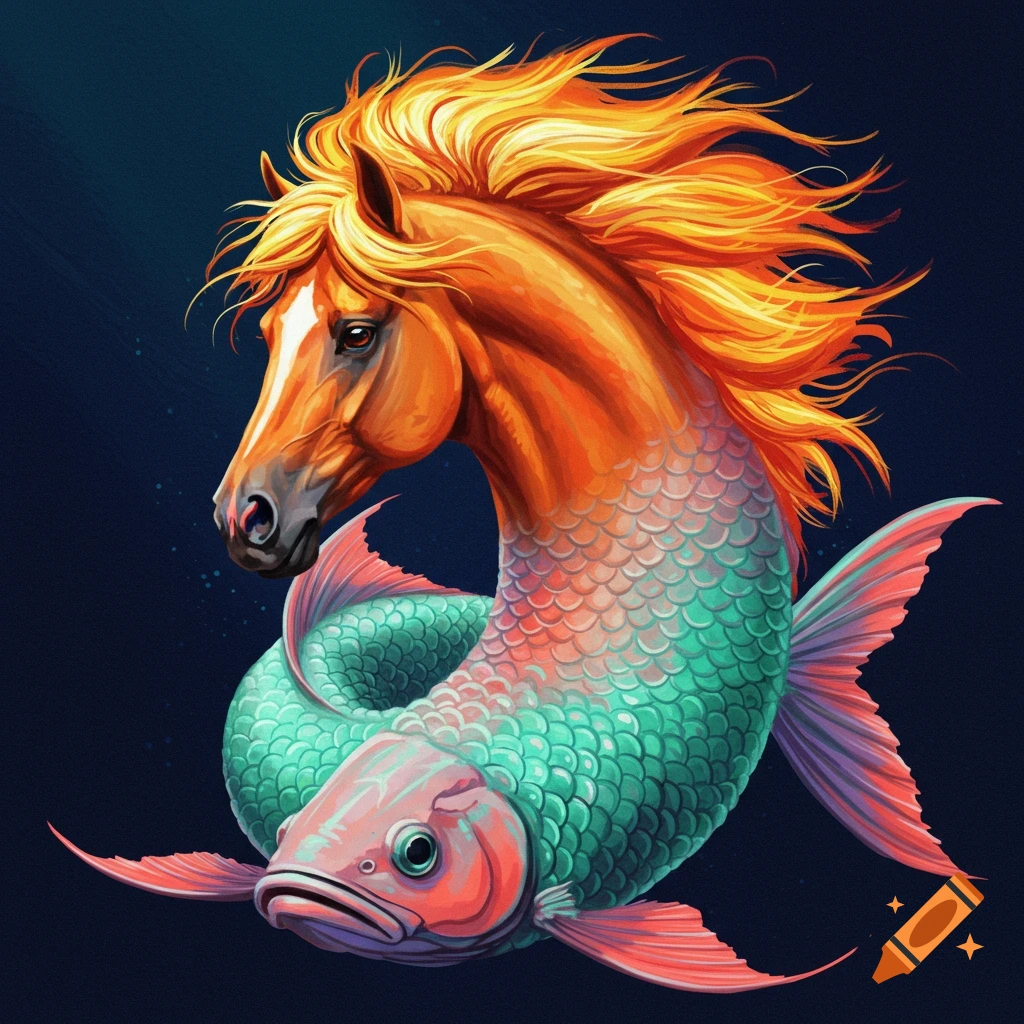 A fantasy creature with a horse head and fish body is underwater.
