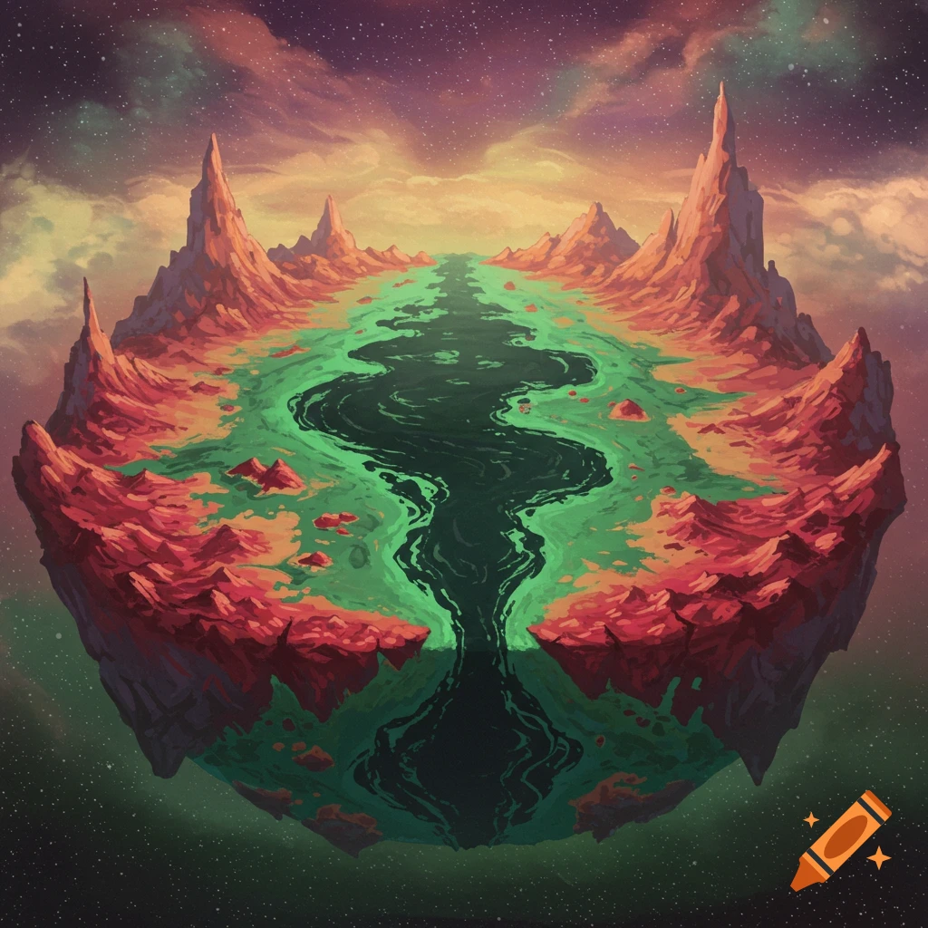 Floating island with a dark, winding river through a green landscape, surrounded by red rocky peaks under a starry sky.