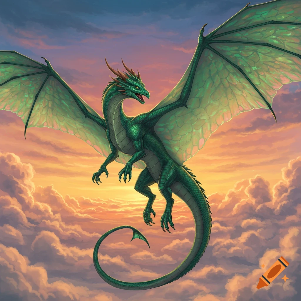 A large green dragon with outstretched wings flies through clouds at sunset.