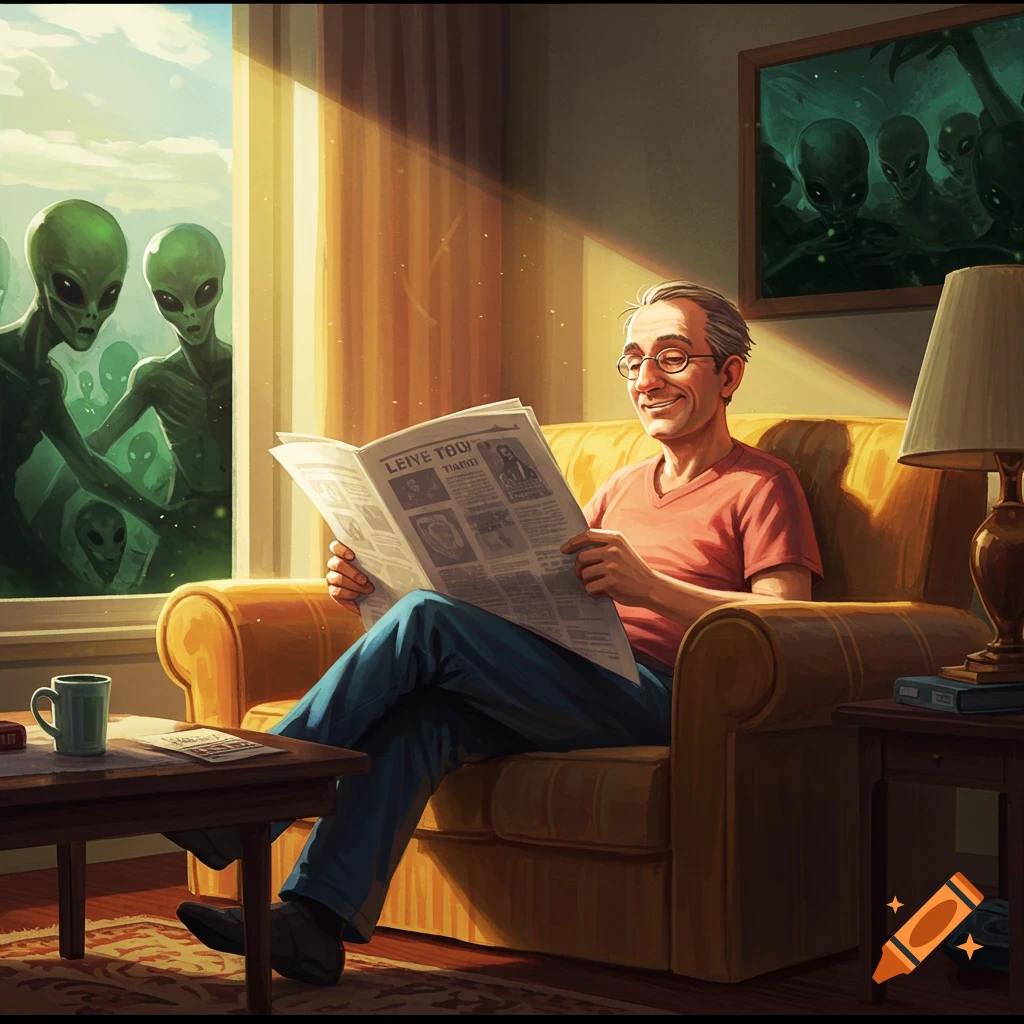 A man reads a newspaper in a living room while green aliens lurk outside a window and in a painting.