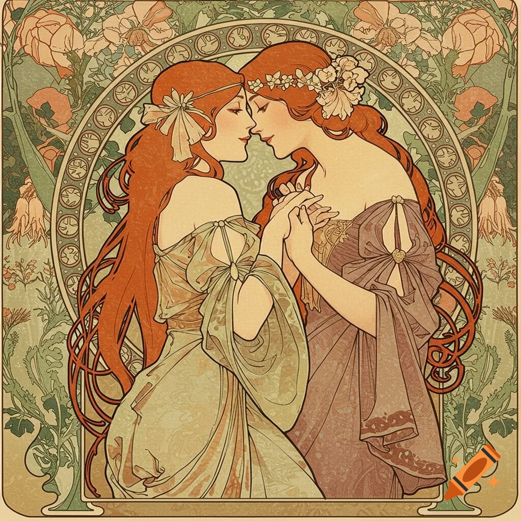 Two women embracing in Art Nouveau style with floral background