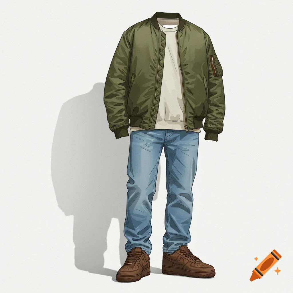 A men's outfit with a green bomber jacket, white sweatshirt, blue jeans, and brown sneakers.