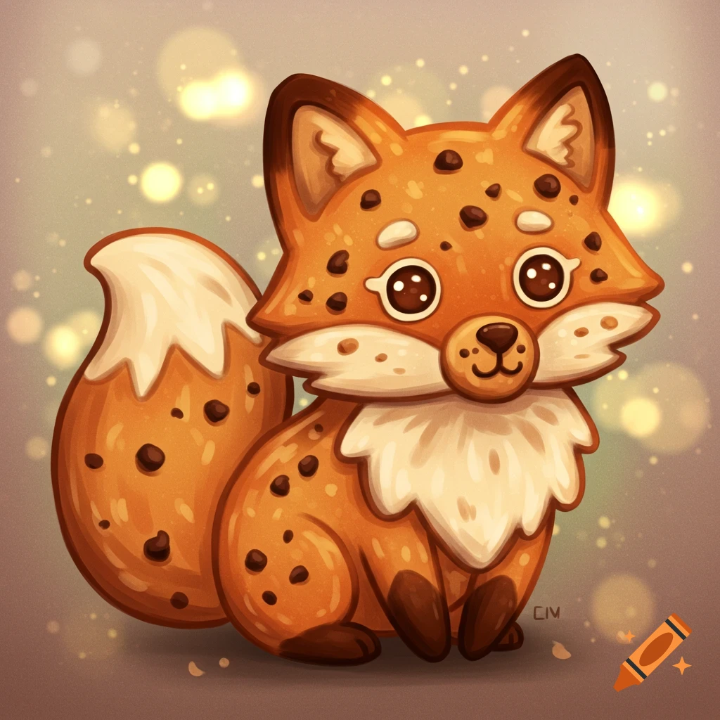 Cute cartoon cookie fox with chocolate chip spots and bokeh background.