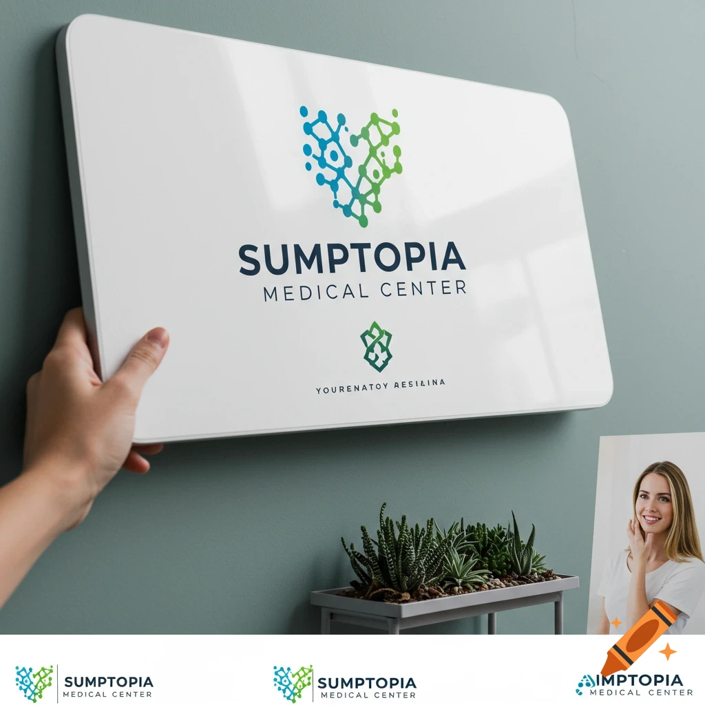 Hand holding a sign with a medical center logo and text, next to a plant and a woman's photo.