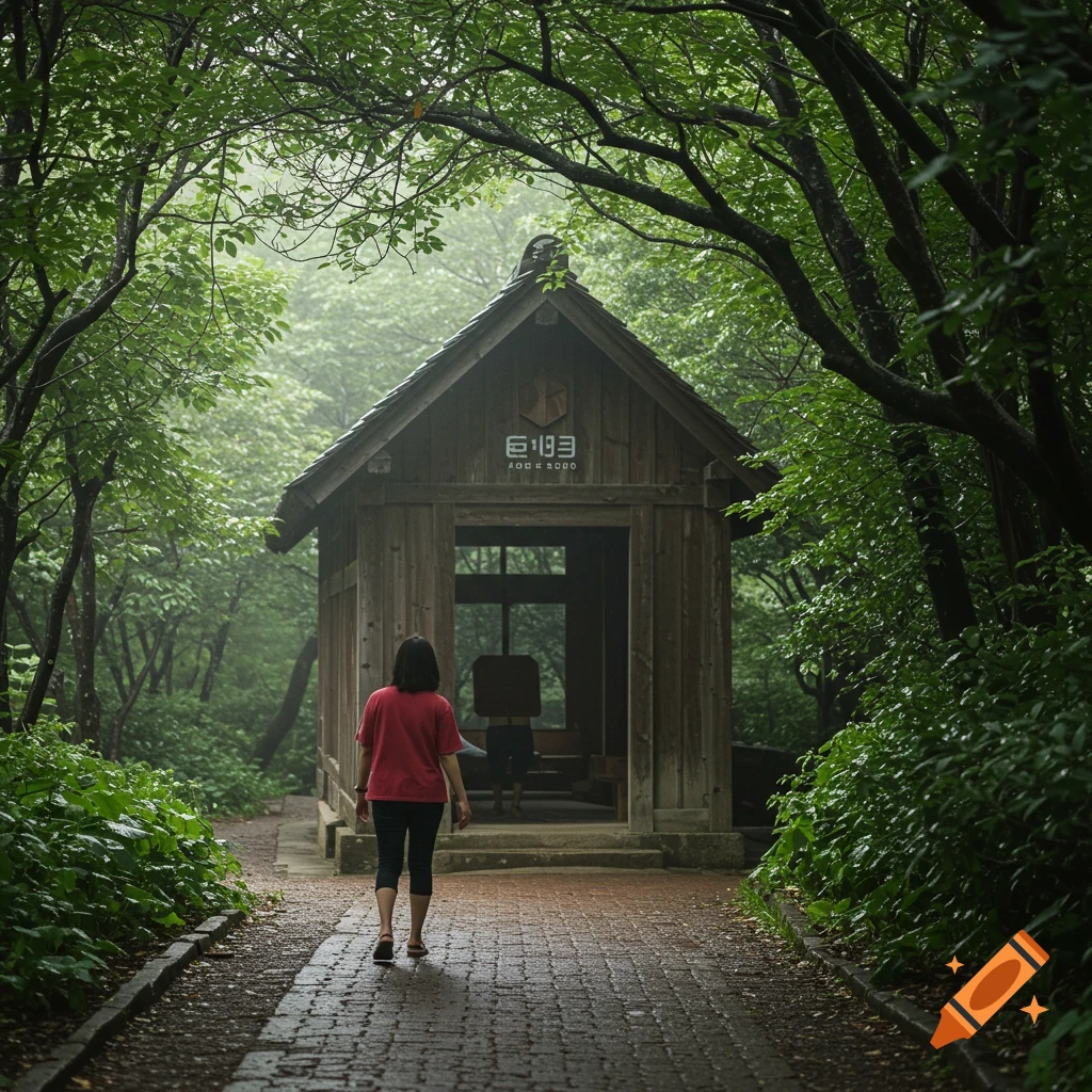 A person walks on a brick path towards a wooden building surrounded by trees in a foggy forest.
