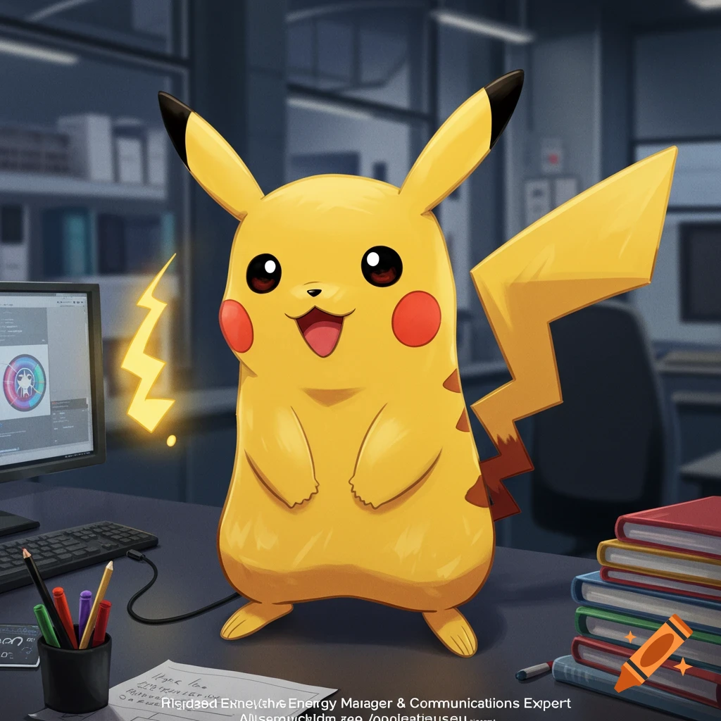 Pikachu standing on a desk in an office next to a computer and books, lightning flash detail.