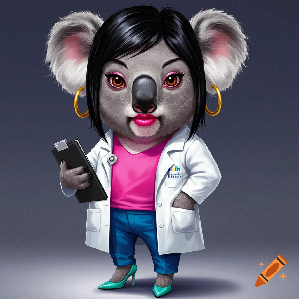 A koala doctor with black hair, gold earrings, magenta shirt, white coat, blue pants, and teal heels