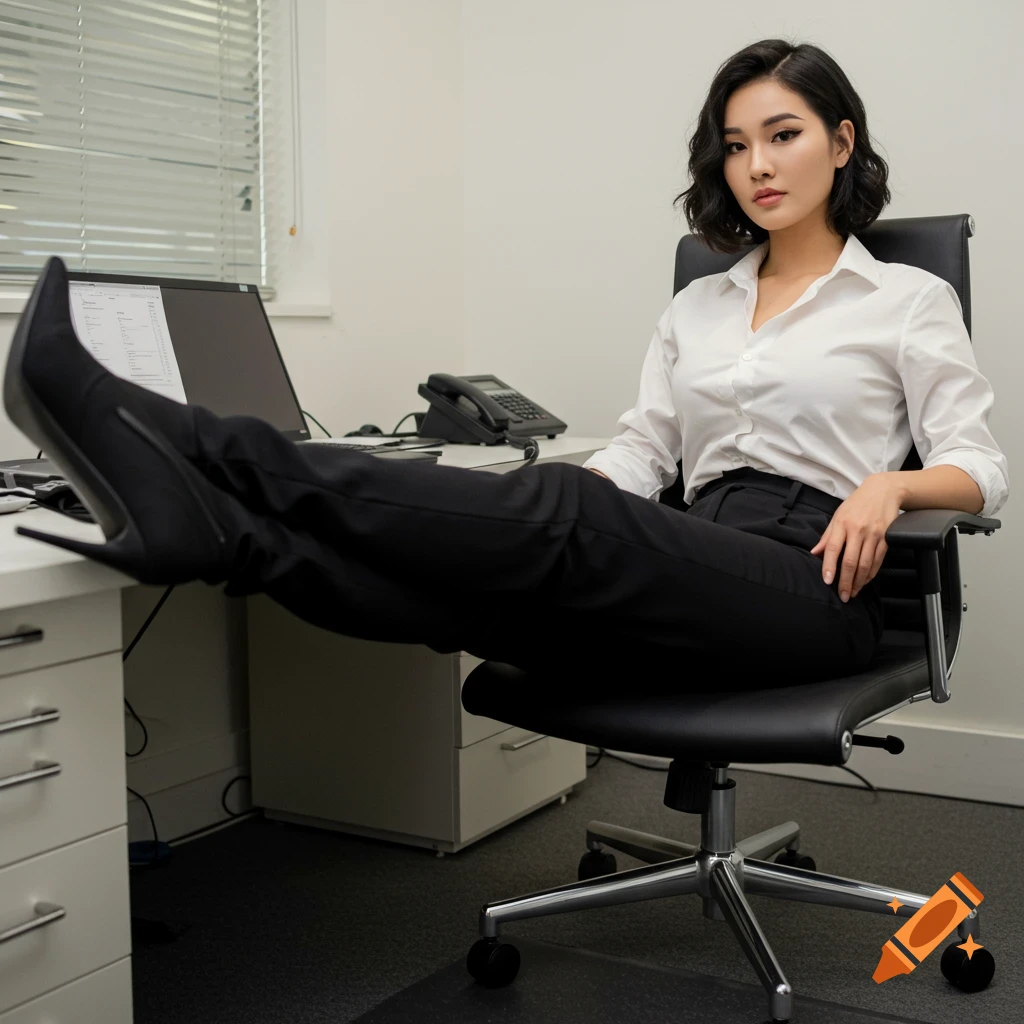 A woman sits in an office chair with her feet up on the desk, wearing a white shirt and black pants, photorealistic.