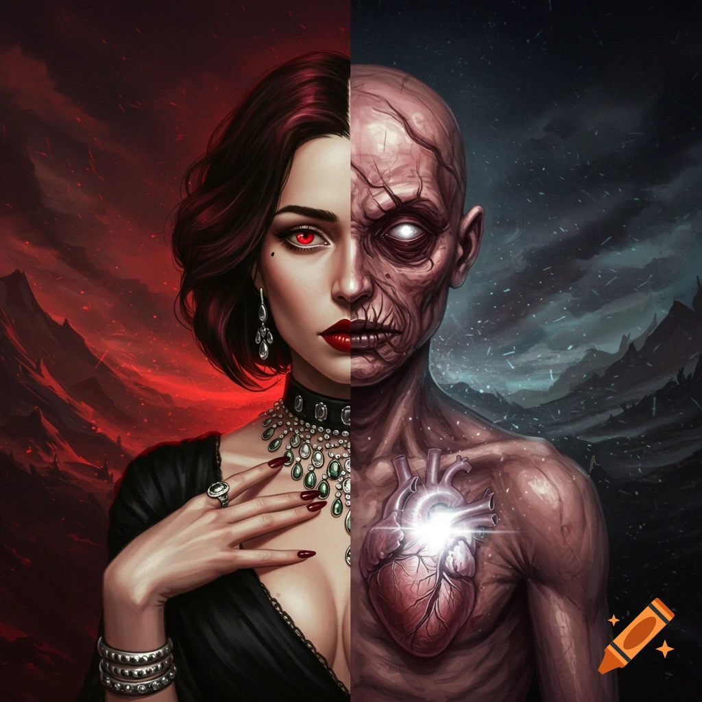 A split portrait, half beautiful woman with red eyes, half skeletal figure with glowing heart, in a dark fantasy style.