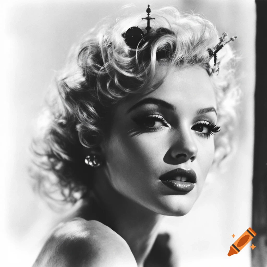 Black and white portrait of a woman resembling Marilyn Monroe with curly hair and hairpieces.