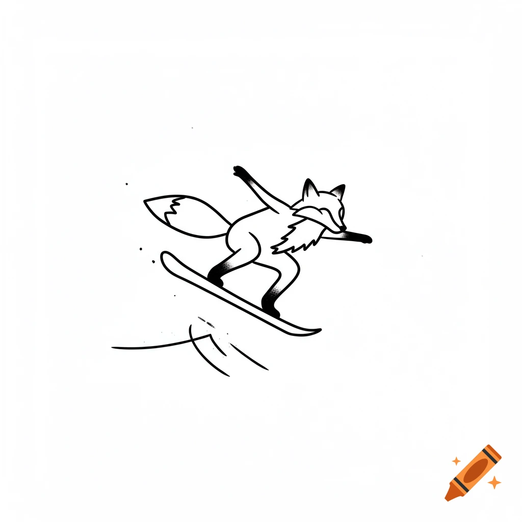 Simple black line illustration of a fox snowboarding