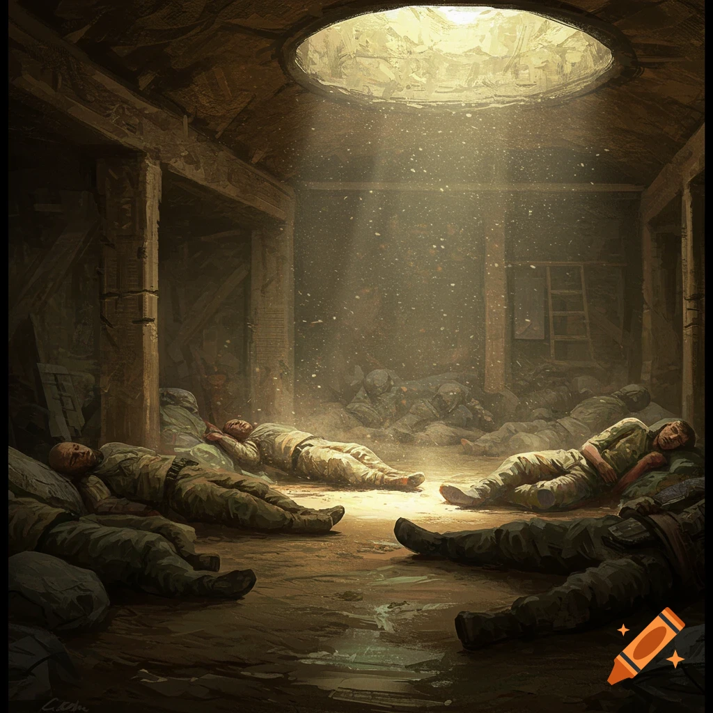 Soldiers sleeping underground with light shining through an opening in the ceiling.