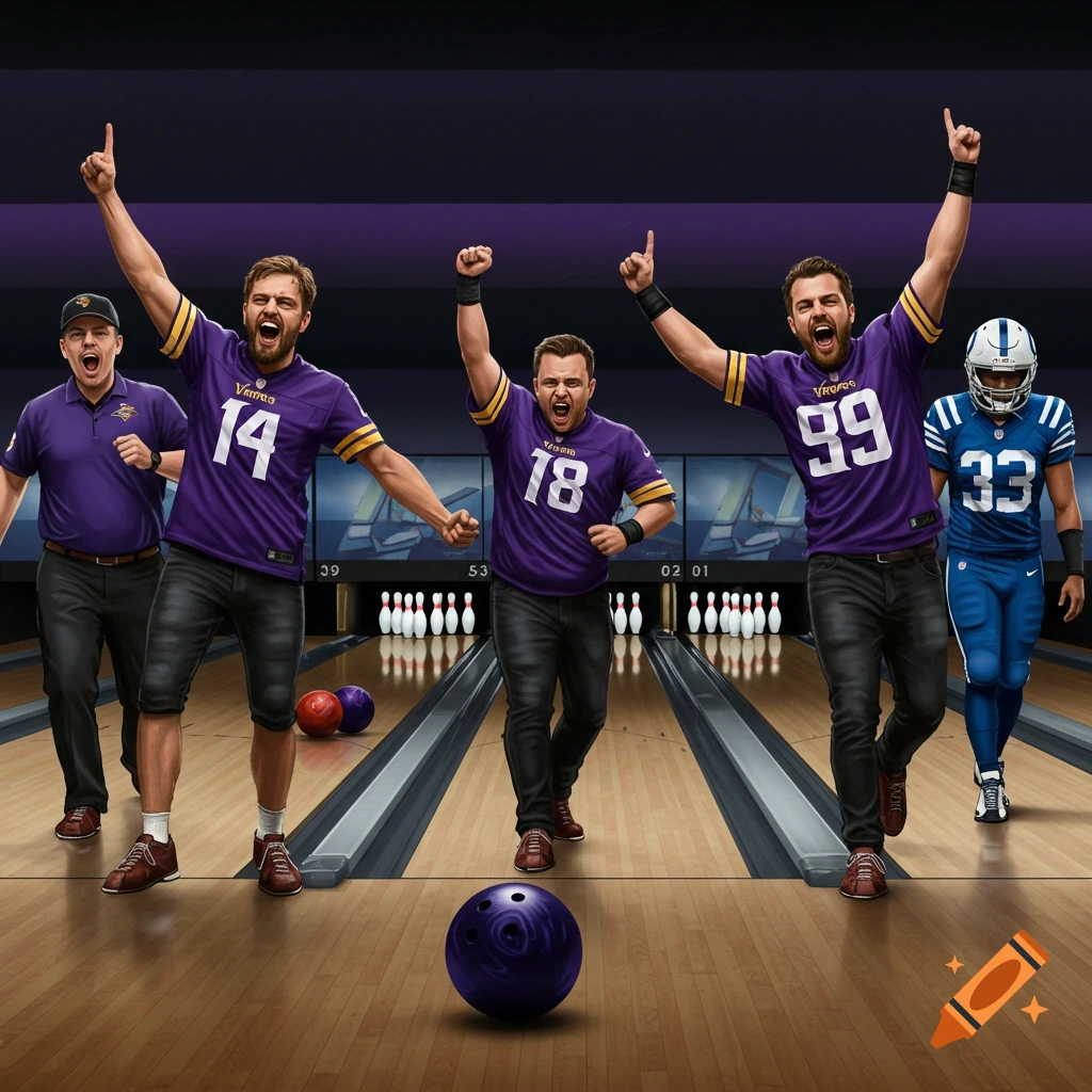 Men in Vikings jerseys celebrate winning a bowling match against the Colts.