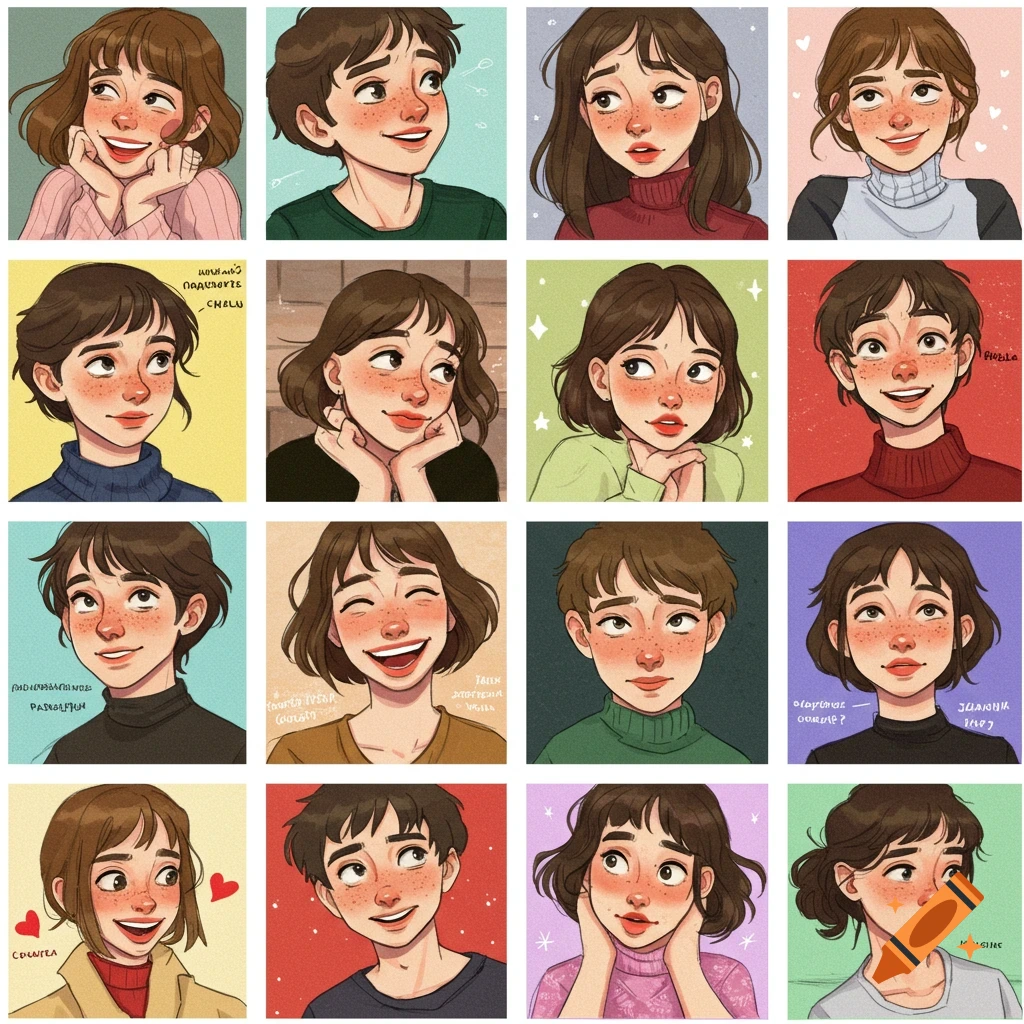 12 cartoon portraits of people with different emotions