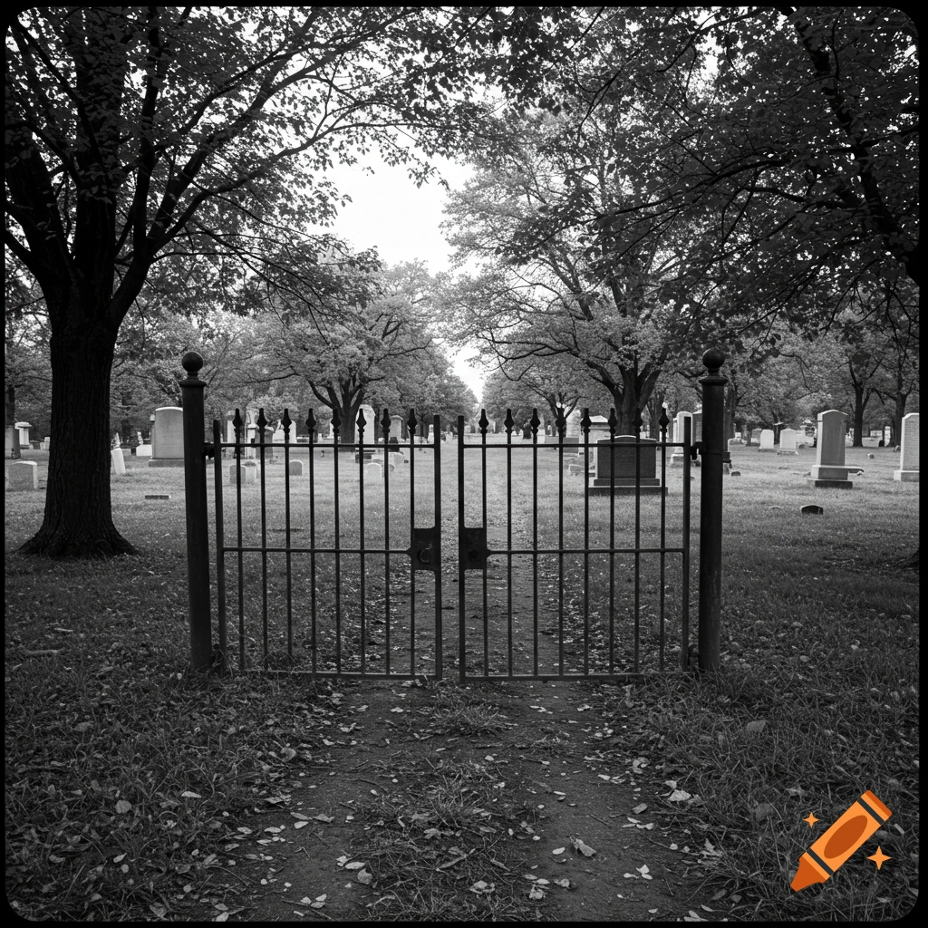 Black and white photograph of a closed metal gate at the entrance of a cemetery