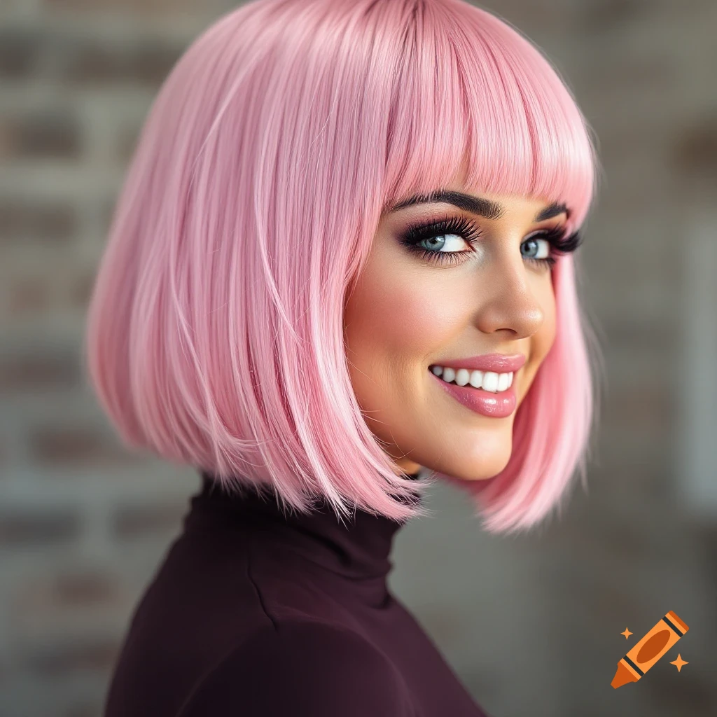 A woman with a pink bob haircut and bangs smiling