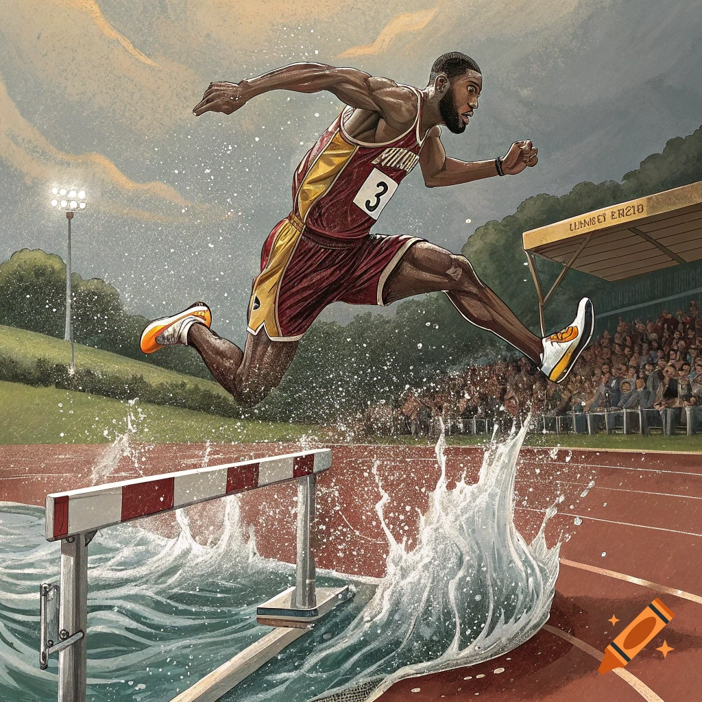 Male athlete jumps over a water hurdle during a steeplechase race in a stadium.