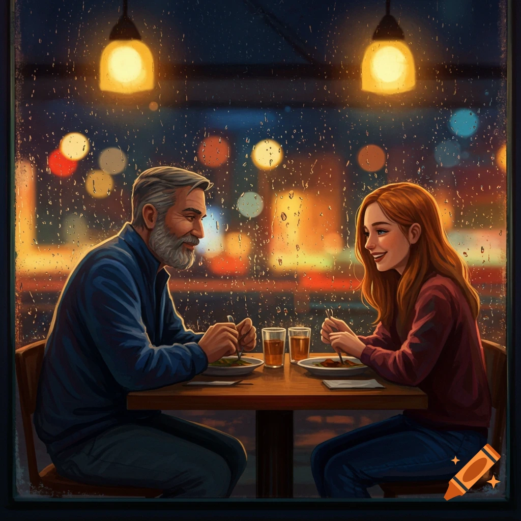 Two people are eating at a restaurant viewed through a rainy window