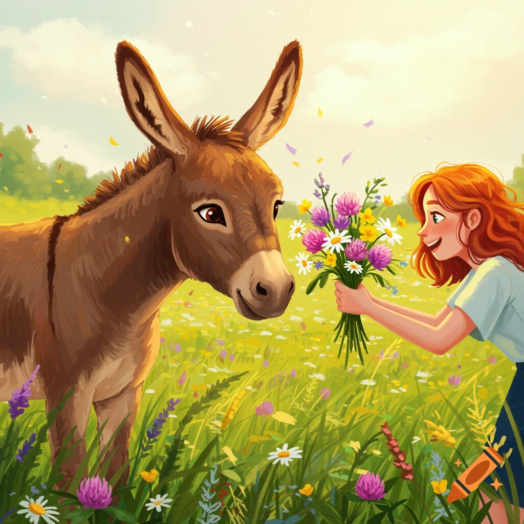 A girl offers a bouquet of wildflowers to a donkey in a sunny meadow.