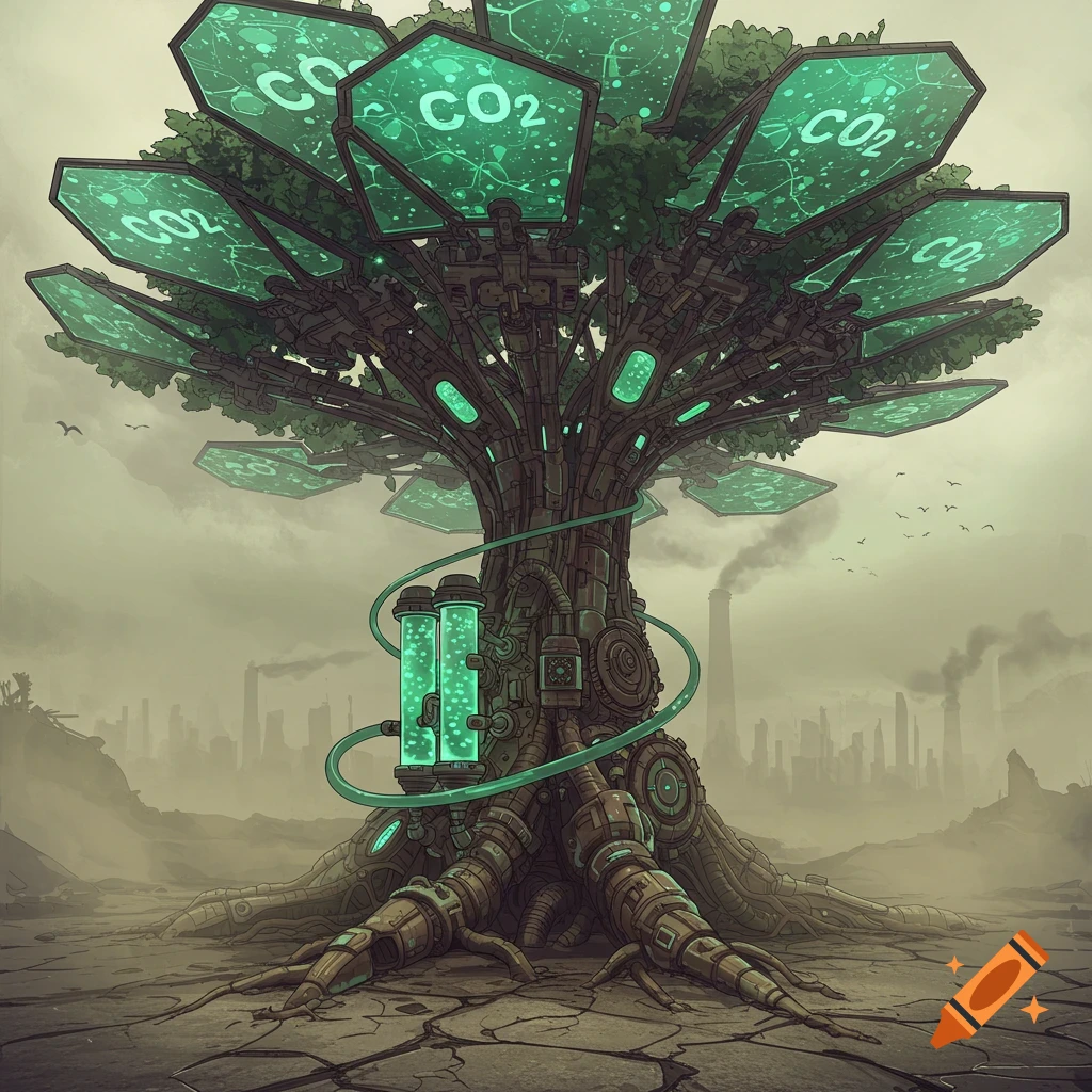 A mechanical tree stands in a barren, polluted landscape, with glowing CO2 labels on its branches.