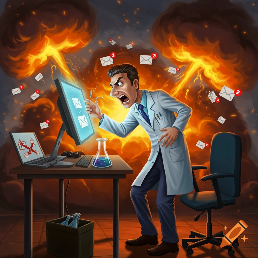 Cartoon scientist screams at computer while emails fly around and explosions fill the background.