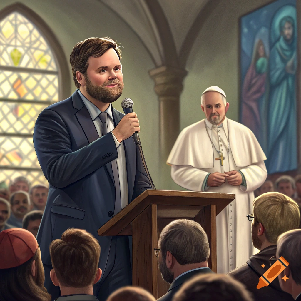A man speaks at a podium in a church with Pope Francis standing behind him, in an illustrative style.