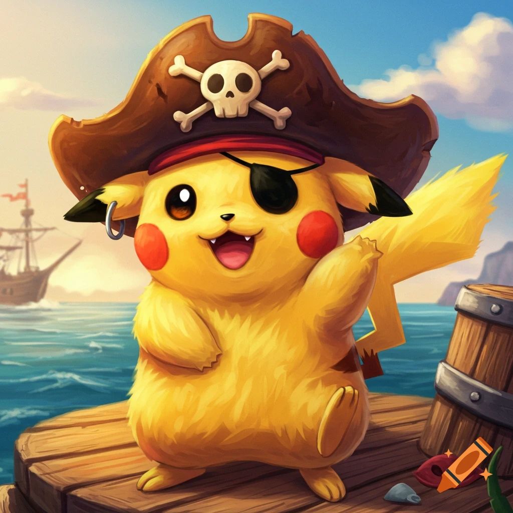 Pikachu dressed as a pirate with a hat and eye patch on a wooden dock.