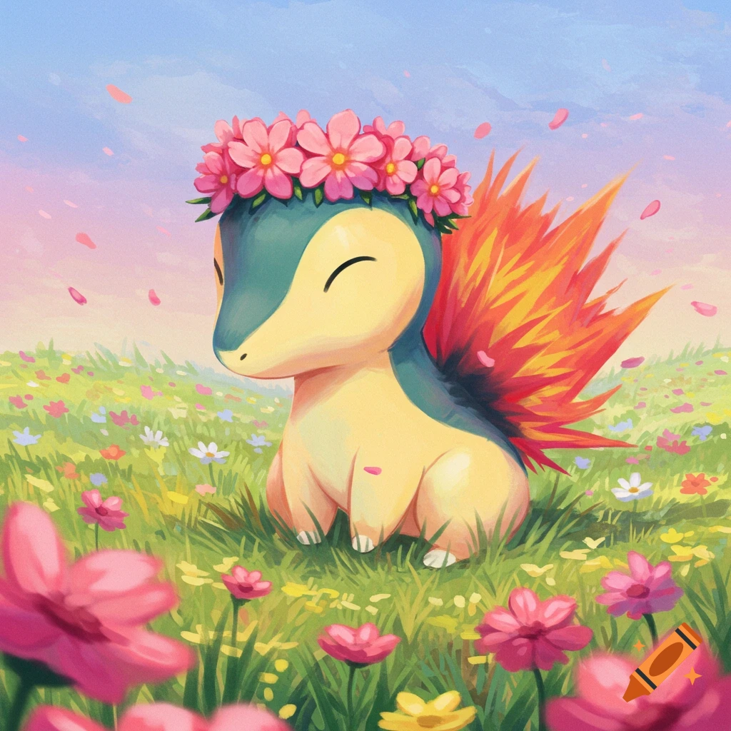 Cyndaquil wearing a pink flower crown in a field of flowers.