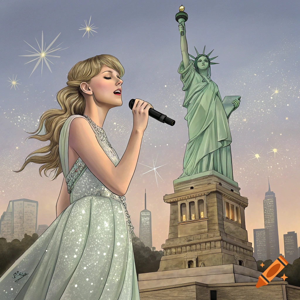 Taylor Swift sings in front of the Statue of Liberty under a starry sky, New York City skyline in the background. Illustration.