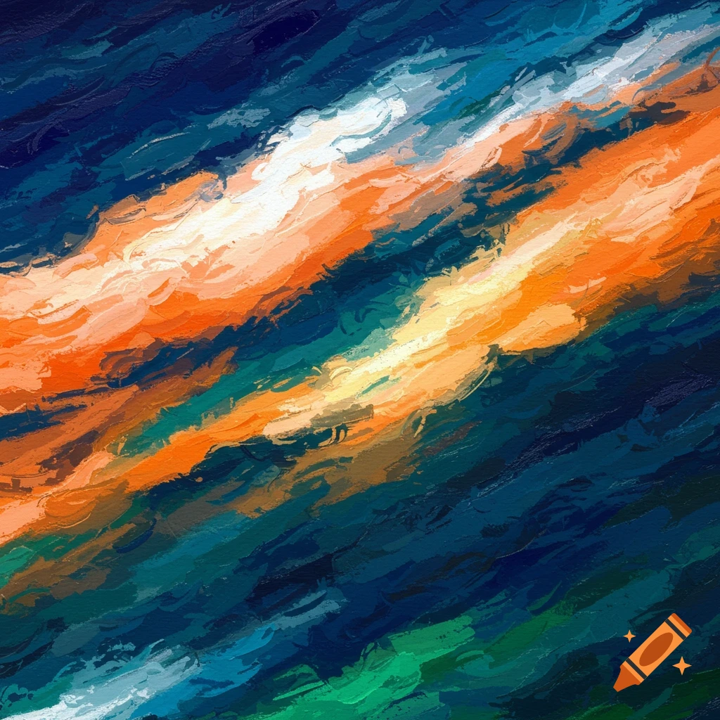 Abstract image with diagonal oil brushstrokes in blue, orange, white, and green.