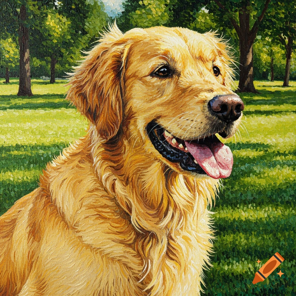 Golden retriever sitting in a park rendered in pointillism style.