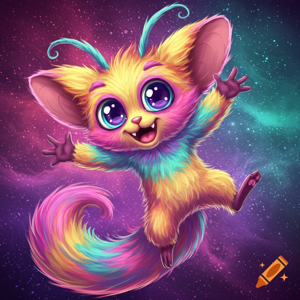 A colorful fluffy fantasy creature with large eyes and ears leaps in a starry space background.